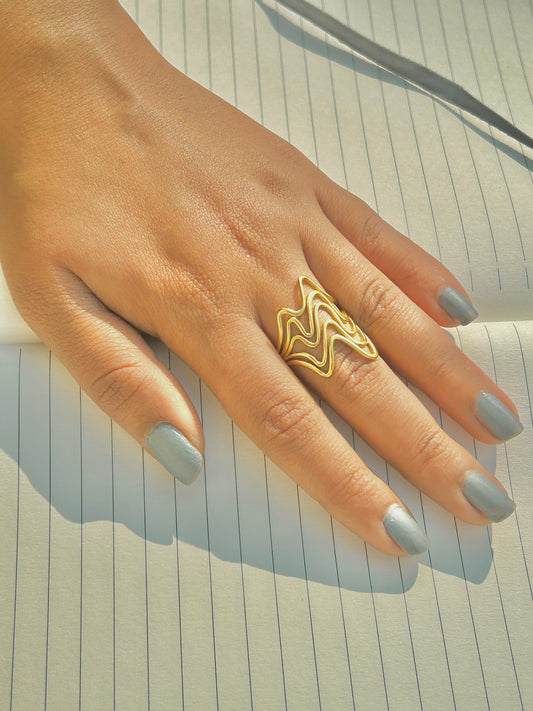 Fluid Wave Design Adjustable Gold Ring