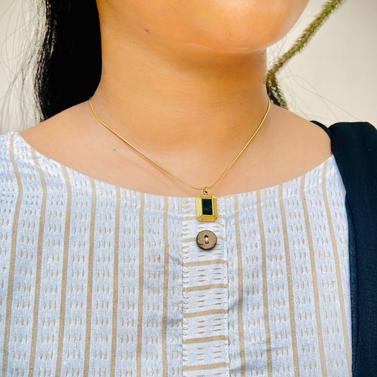 Rectangular Anti Tarnish Pendant Necklace with a Dark Stone