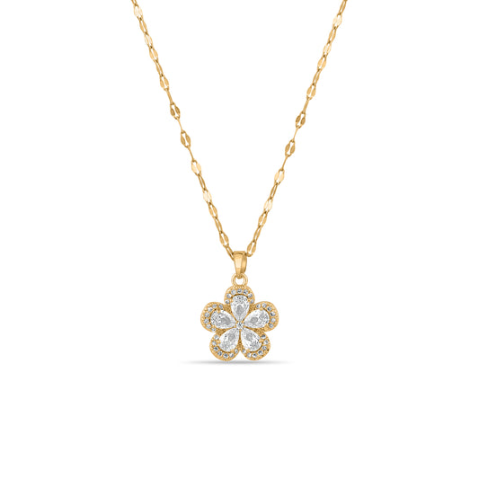 Sparkling Five-Petal Crystal Flower Pendant Necklace
