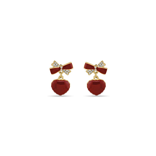 Lovely Red Heart and Crystal Bow Earrings