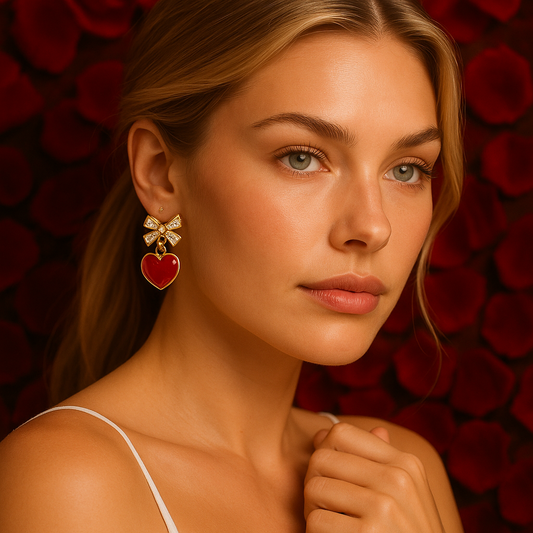 Lovely Red Heart and Crystal Bow Earrings